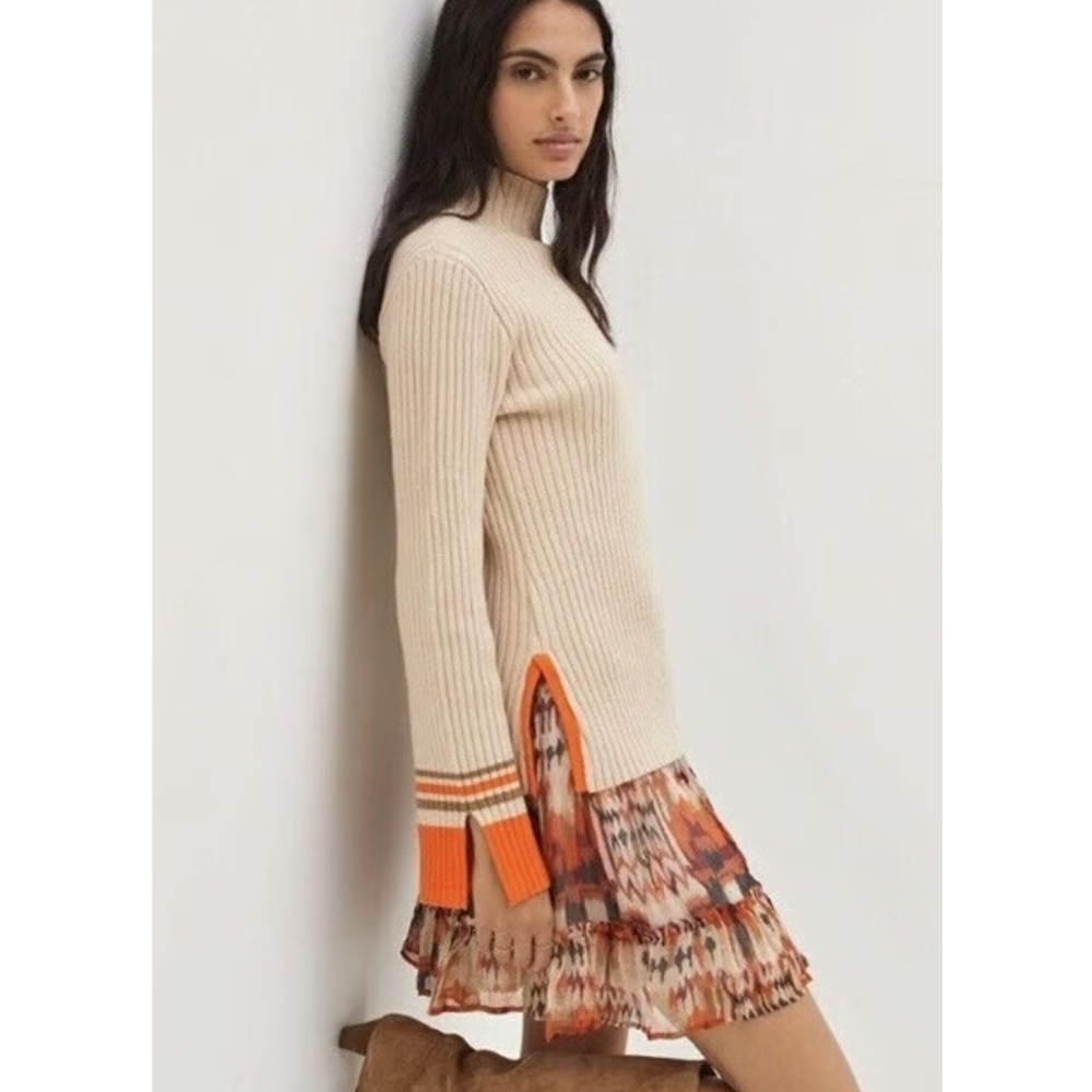 Anthropologie mock neck bells sleeve striped sweater cream orange large